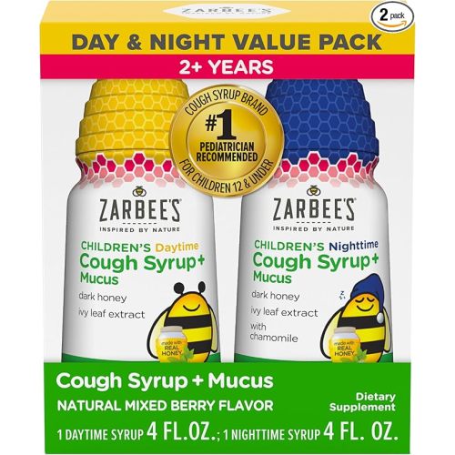 Zarbee's Children’s Honey Cough Syrup + Mucus Day & Night Value Pack, Daytime & Nighttime Toddler Cough Syrup, Dark Honey, Ivy Leaf Extract, Chamomile, Mixed Berry Flavor, 2X 4 Fl Oz