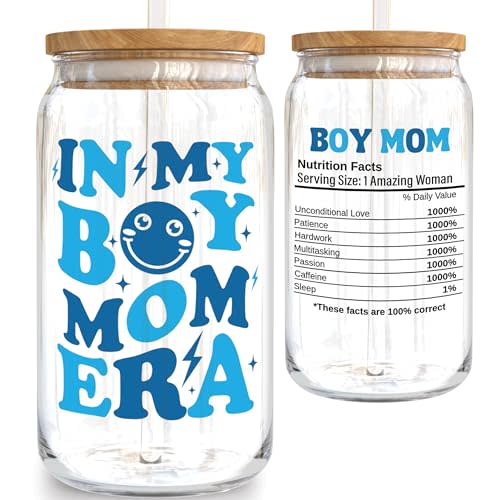 KLUBI Boy Mom Gifts for New Mother to Be - In My Boy Mom Era Cup 16oz Iced Coffee Glass with Lid and Straw - Baby Shower Mum Gifts for Women, Mama Coffee Mug for Expecting Mother Pregnancy Present