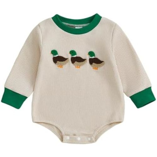 Infant Long Sleeve Bubble Romper Baby Boy Fall Winter Outfits Newborn Waffle Knit Embroidery Bodysuit Clothes