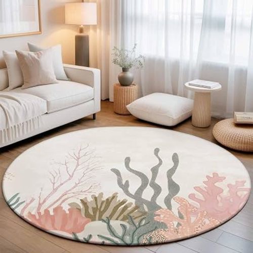 Round Area Rug 6ft Seagrass Coral Non-Slip Circle Rug for Living Room Ocean Marine Life Washable Decorative Round Floor Carpet for Bedroom Kitchen Home Decor