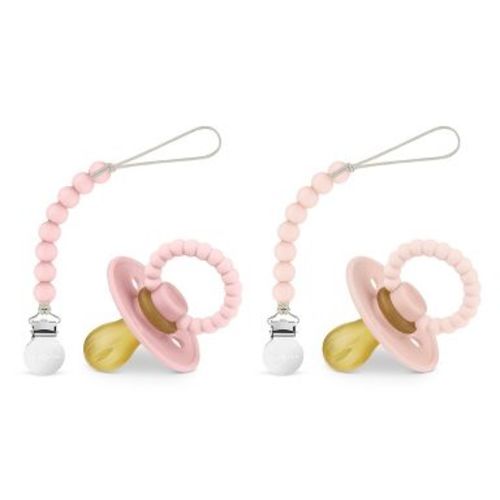 Bleu La La Luladream Pacifier + Clip Set - Natural Rubber Nipple - Soft Teething Handle - for Infants Baby's and Toddlers - Blush Pink + Rose Petal