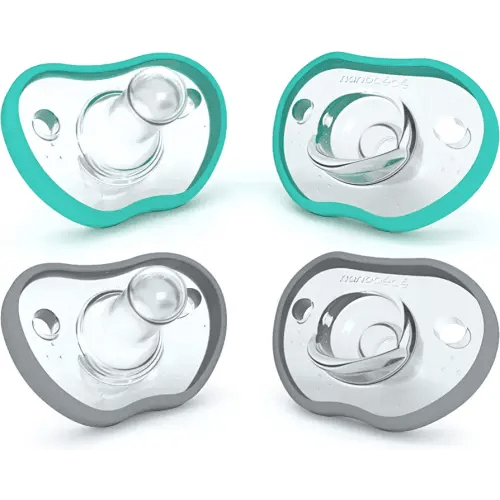 Nanobebe Baby Pacifiers 0-3 Month - Orthodontic, Curves Comfortably with Face Contour, Award Winning for Breastfeeding Babies, 100% Silicone, Baby Registry Gift 4pk,Teal/Grey