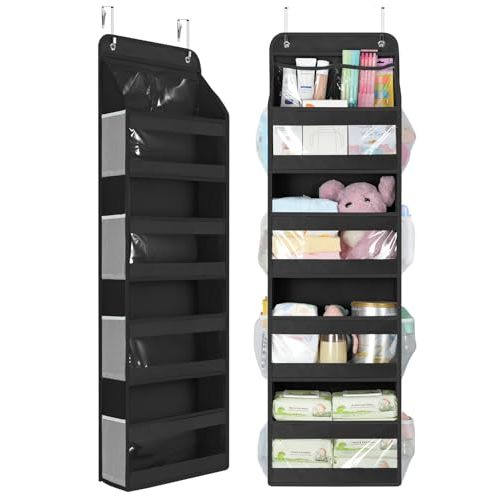 Yecaye 5 Tier Over the Door Organizer, Swing-proof Door Organizer Hanging with Clear PVC Windows, Behind the Door Storage for Bedroom Nursery Closet Laundry Pantry Bathroom, Black