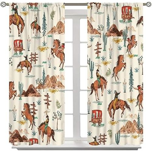 Western Desert Curtains, Rustic Wild West Cowboy Horse Cactus, Bedroom Living Room Kitchen Blackout Noise Reduction Curtains