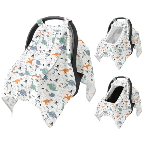 Baby Car Seat Cover with Mesh Window, 100% Cotton Carseat Covers Baby Boy Breathable Infant Car Seat Cover Spring Summer Baby Carseat Cover Lightweight Infant Car Seat Canopy - Dinosaur