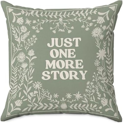 Sage Green Floral Nursery Reading Pillow Cover 18x18, Kids Room Throw Pillow Cover, Just One More Story Decorative Pillowcase for Couch Bed Kids Reading Room Corner Nook Bedroom Classroom Decor