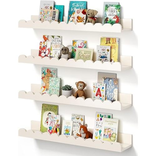 Scalloped Baby Book Shelf,Floating Shelves for Wall Set of 4 Solid Pine Wood Nursery Bookshelves with Wave Lip for Bedroom Kids, Toddler Room, Baby Room, Nursery Decor(White,40cm)