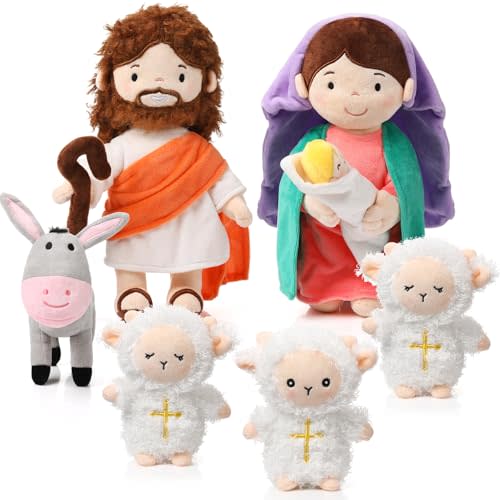 HyDren 6 Pcs Jesus Plush Doll, Christian Gift Nativity Set Religious Plush Doll 11 Inch Saint Virgin Mary with Baby Jesus and Donkey Lambs, God Christening Gift for Christmas Kids Church Nursery