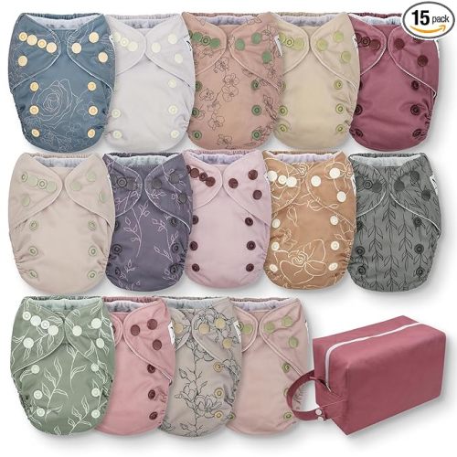 Nora's Nursery Newborn All-in-One Cloth Diaper 14-Pack with Diaper Pod for Clean Storage - Waterproof, Washable, Reusable, and Adjustable for Babies Under 12lbs - Blushing Blooms