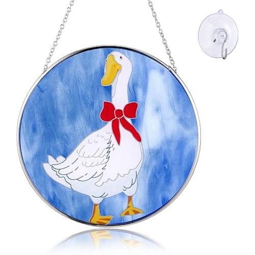 Silly Goose Stained Glass Window Hanging Sun Catchers Colorful Glass Panel Blue Background White Goose Suncatcher Decor for Birthday for Women, Men, Wife, Lovers, and Mom