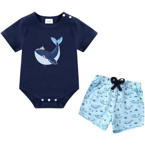 Coco&RARA Baby Boy Clothes Newborn Summer Short Sleeve Cotton Crew Neck Button Crotch Romper Short Set Infant Boy Clothes