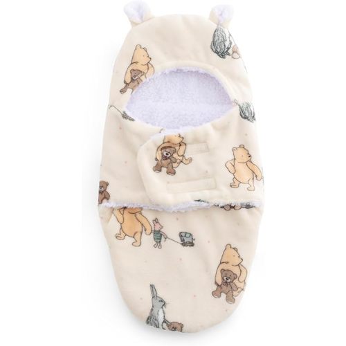 Berkshire Sherpa & Loftmink Baby Swaddle - Hooded Pooh Sleep Sack with Fuzzy Bear Ear Details - Classic Pooh Prints for Newborns Infants 0-3 Months(Pooh and Friends Teddies and Toys, 13’’×23.5’’)
