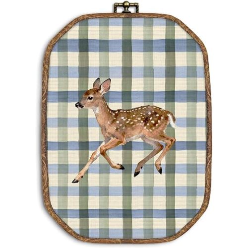 ZIKZAUDOU Vintage Deer Nursery Octagon Wall Art Framed, Farmhouse Deer Hunting Canvas Prints Wall Decor, Olive Green Checkered Reindeer Hanging Decor for Kids Room Nursery Bedroom, 10.2x7 Inches