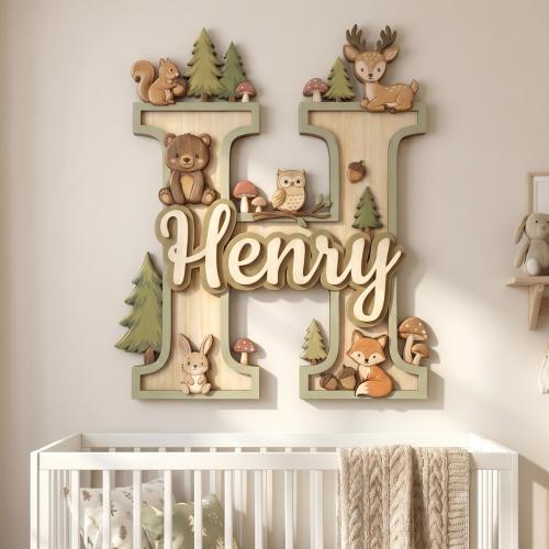 Personalized Woodland Name Sign with Initial , Layered Wooden Nursery Wall Decor, Custom Baby Name Plaque, Forest Animal Letter Sign