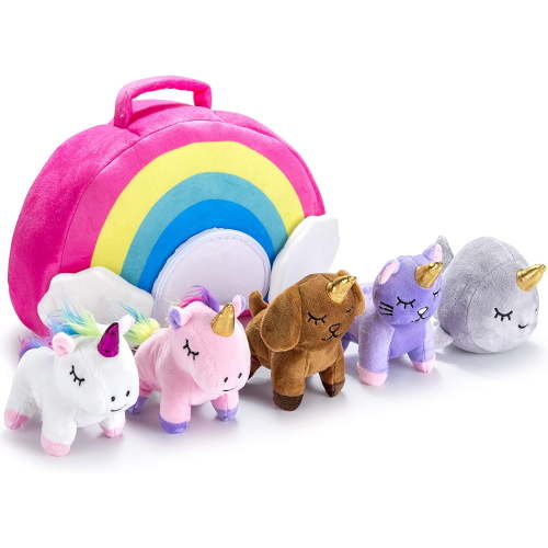 PASSIONFRUIT Baby Plush Fluffy Stuffed Unicorns, Rainbow Toys, Cute Animals, 5-Pc Set