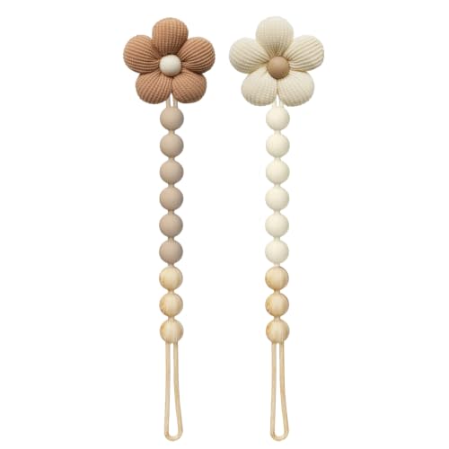 2Pcs Flower Pacifier Clip, 100% Food-Grade Silicone Pacifier Clip with Soft Fabric Daisy, Secure One-Piece Design, Easy to Clean, Baby Shower Gift for Girls Boys