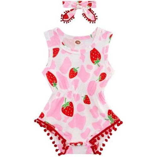 UNICOMIDEA Baby Girl Romper with Headband 3D Print Sleeveless Outfit 0-24M