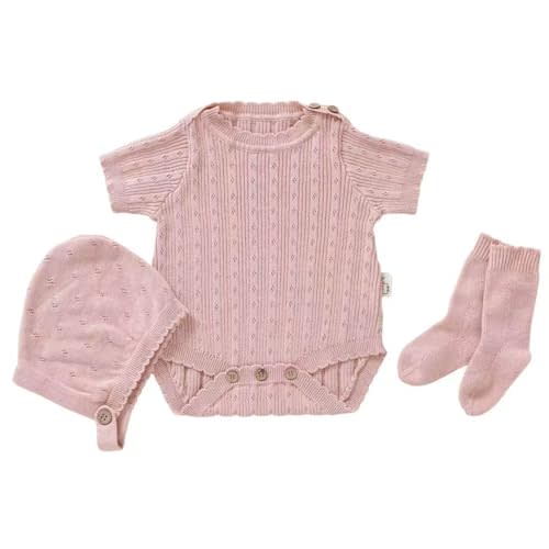 Avibae Cotton Baby Set with Knitted Short Sleeve Sweater, Hat, Socks, 3-Piece, for Newborns