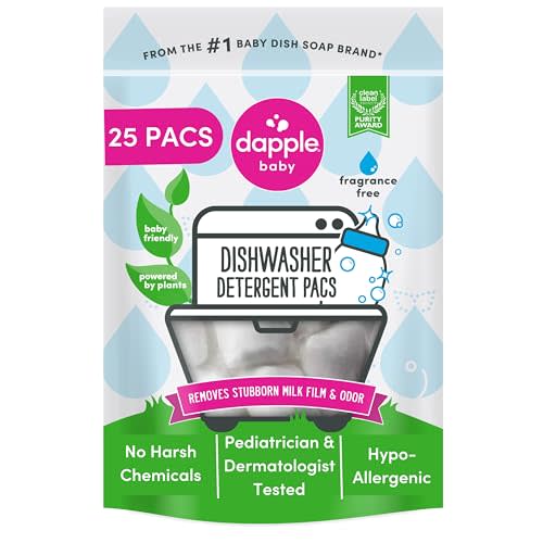 Dapple Baby Dishwasher Pacs, Hypoallergenic Dishwasher Pods Powered by Plants, Removes Milk Residue & Odor on Dishes, Baby Bottles & Kitchenware, Fragrance Free, 25 Count (Pack of 1)