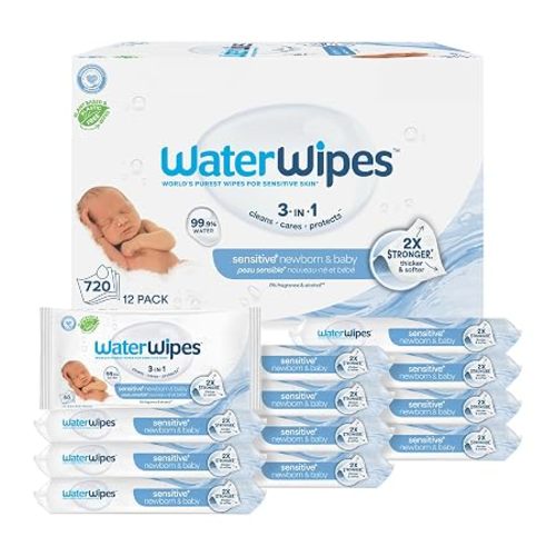 WaterWipes Sensitive+ Newborn & Baby Wipes, 3-In-1 Cleans, Cares, Protects, 99.9% Water, Unscented & Hypoallergenic, 540 Count (9 Packs)