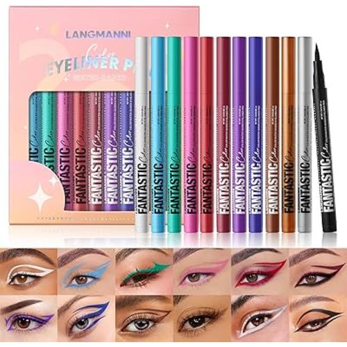 LANGMANNI 12 Colors Matte Liquid Eyeliner Set, Neon Colorful Pigmented With Long-lasting, Smudgeproof & Waterproof Eye Liner Makeup for Bold & Stunning Looks - Gift for Girls