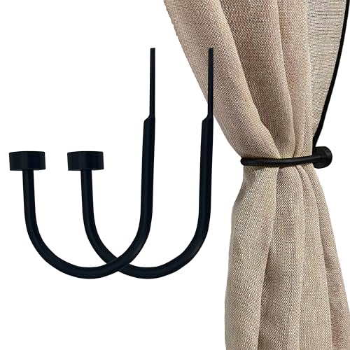 Quality Curtain Holdbacks, Solid Steel Curtain Holdback with Disk Finial, Set of 2 Window Curtain Tieback Hooks, Black