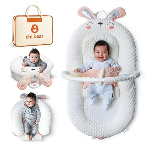 BabyNest -Infant Baby Lounger – Soft Minky Dot Floor Play Mat with Toy Arch & Pillow – Portable Tummy Time & Activity Mat (Pink Bunny)