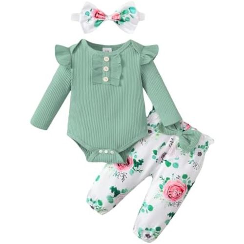 6-12M Baby Girl Clothes Newborn Infant Long Sleeve Ruffle Romper Floral Pants Outfit Set