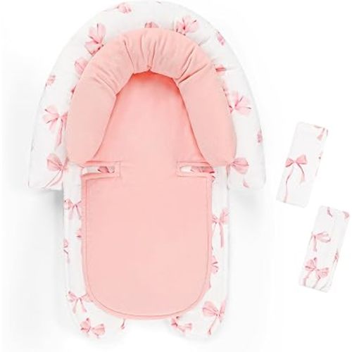 Infant Car Seat Insert with 2 Strap Pads, Carseat Cushion Baby Boy & Girl, Soft and Comfortable Carseat Head Support for Newborn, Pink Bow