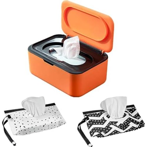Wipes Dispenser Set,1 Wipe Box & 2 Portable Pouches,Orange-Black