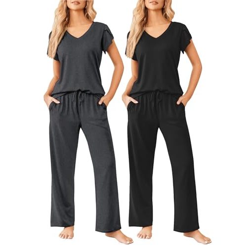 Ekouaer 2 Pack Womens Pajamas Short Sleeve Sleepwear Top with Pants Super-Soft Printed Lounge Sets S-XXL