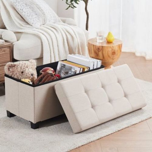 Ornavo Home Foldable Tufted 30 Inch Linen Bench Storage Ottoman with Legs for Bedroom, Entryway and Living Room - Beige