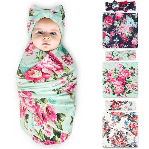 DRESHOW BQUBO 3 Sets Receiving Blanket with Headbands Newborn Baby Floral Printed Baby Shower Swaddle Gift