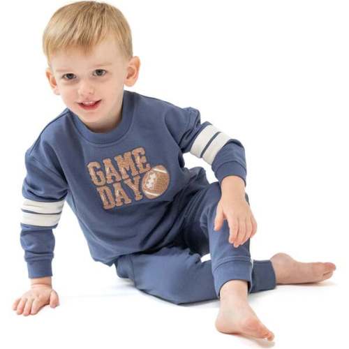 Cozy Drop Sleeve Sweatshirt with Varsity Stripes, Game Day Navy - Angel Dear | Maisonette