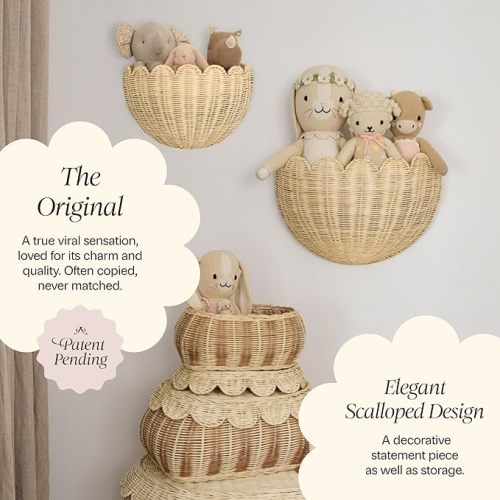 BEBE BASK The Original Scalloped Wicker Wall Basket – Set of 2 – Handwoven Scalloped Wall Baskets (16 x 10 x 7 in), Woven Rattan Wall Hanging Baskets - Natural Scalloped Basket
