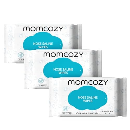 Baby Wipes, Momcozy Nose Saline Baby Wipes, Made Only With Natural Saline, No Additives, 100% Biodegradable, Unscented & Hypoallergenic for Sensitive Skin, Easy to Carry, 90 Count (Packs of 3)