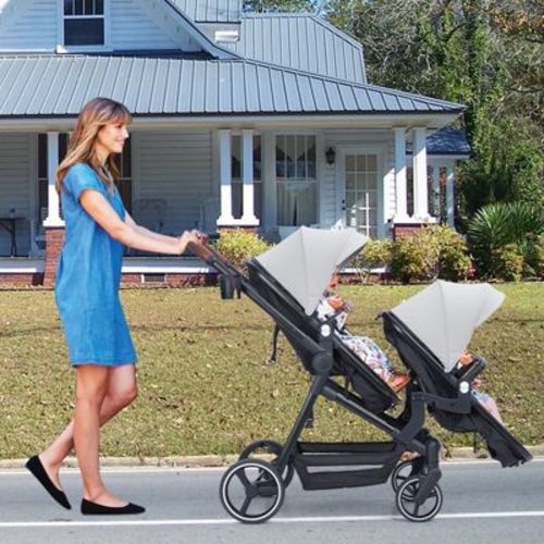 Double Stroller Newborn and Toddler, Foldable Twin Stroller with Reversible Seat, 5-Point Safety Harness, Adjustable Backrest & Canopy, Storage Basket