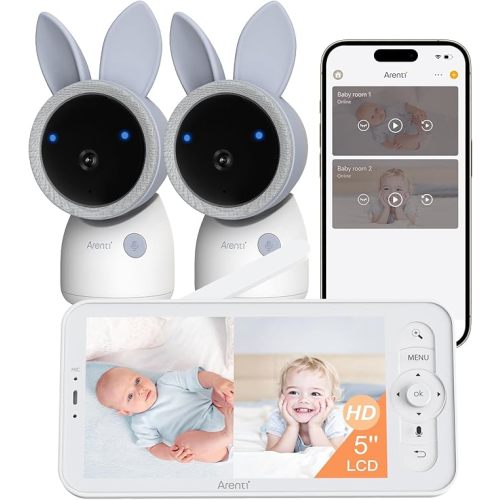 Arenti 4MP Baby Monitor 2 Cameras, 5G&2.4G WiFi Smart Baby Camera 2PC with 5-Inch Wireless Display, Super Night Vision, Lullabies, Cry & Motion Detection, Temp & Humidity Sensor, Two Way Audio Cream