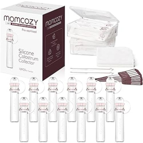 Momcozy Colector de calostro colector de leche materna reutilizable con estuche de almacenamiento y toallita de algodón, contenedor de calostro portátil sin BPA, colector multiuso de 0.2 fl oz-12