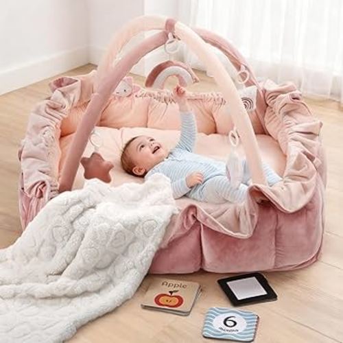 5-in-1 Convertible Baby Play Gym, Baby Play Mats for Floor, Tummy Time Mat with Blanket and 6 Sensory Toys, Baby Activity Center from Newborn to Toddler, Ball Pit, Plush Pet Mat(Pink)