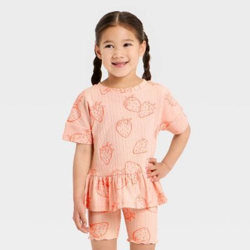 Toddler Girls' Strawberries Pointelle Peplum T-Shirt - Cat & Jack™ Pink 5T
