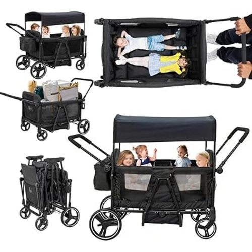 Voupou Luxury 4 Seater Wagon Stroller All-Terrain Baby Tandem for 2 3 4 Kids –Push&Pull Foldable Wagon with 5-Point Harness,Adjustable Canopy,Snack Tray for Toddlers’ Beach,Park & Outdoor Adventures