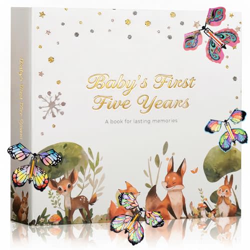 First 5 Year Keepsake Baby Memory Book for Girls and Boys, A Milestone Baby Books for Baby Shower, Gender Neutral Baby Items Baby Photo Albums, Baby Gifts for Gender Reveal, 4 Flying Butterfly