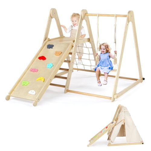 Joymor Montessori Pikler Triangle Set - Wooden Climbing Gym with Ramp for Toddlers 1-5 Years (Non-Toxic & Foldable)