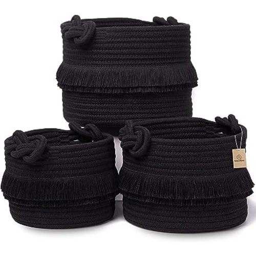 NaturalCozy 3-Piece Decorative Storage Basket Set – Black Cotton Rope Small Woven Baskets for Organizing for Nursery Baby Stuff, Gift, Vanity, Montessori, Dog Cat Toy Bin, Planter, Bathroom Shelves