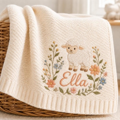Personalized Baby Blanket, Custom Sheep Floral Blanket, Embroidered Name Nursery Decor,Newborn Baby Shower Gift,Farm Animal Keepsake Blanket