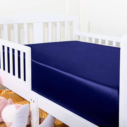 Ntbay Silk Satin Fitted Crib Sheet, Super Soft and Breathable Solid Color Toddler Sheet, 28" x 52", Navy Blue