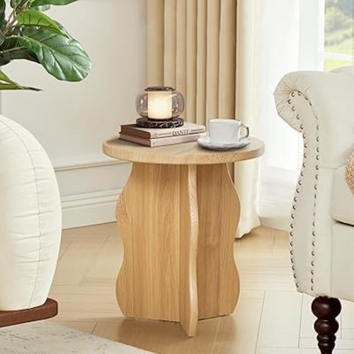 15.7"Dx17.9"H Small Round Wooden Side Table with 3 Wave Legs, Unique Drink Pedestal End Table for Small Narrow Space, Mid-Century Farmhouse Accent Nightstand for Living Room,Bedroom, Balcony (Natural)