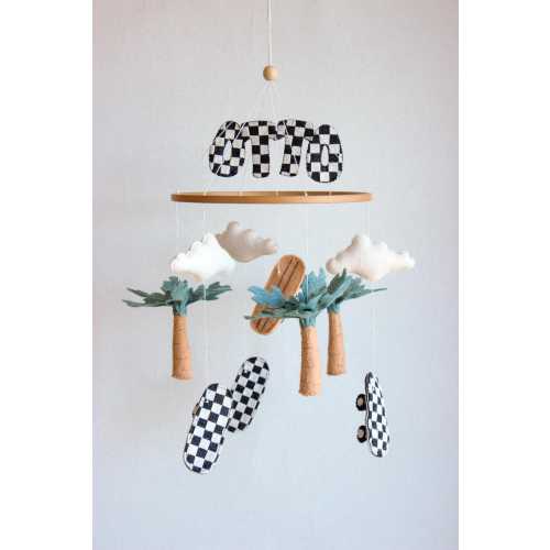 Skateboard mobile, checker print mobile, rad little dude mobile, personalized name mobile, checkered nursery decor