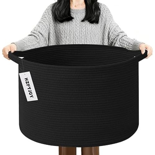 90L Extra Large Blanket Basket,Woven Rope Laundry Basket Hamper with Handles, Decorative Nursery Basket Storage Bin for Toys, Clothes Organizer, Living Room, Bedroom, Bathroom, Black